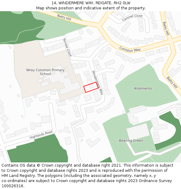 14, WINDERMERE WAY, REIGATE, RH2 0LW: Location map and indicative extent of plot