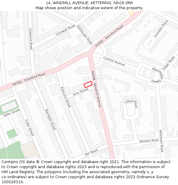 14, WINDMILL AVENUE, KETTERING, NN16 0RA: Location map and indicative extent of plot