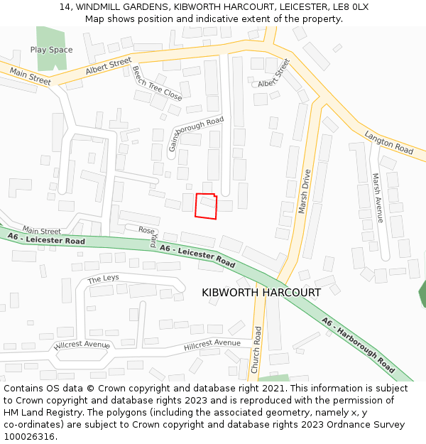 14, WINDMILL GARDENS, KIBWORTH HARCOURT, LEICESTER, LE8 0LX: Location map and indicative extent of plot