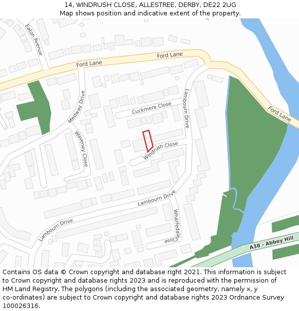 14, WINDRUSH CLOSE, ALLESTREE, DERBY, DE22 2UG: Location map and indicative extent of plot