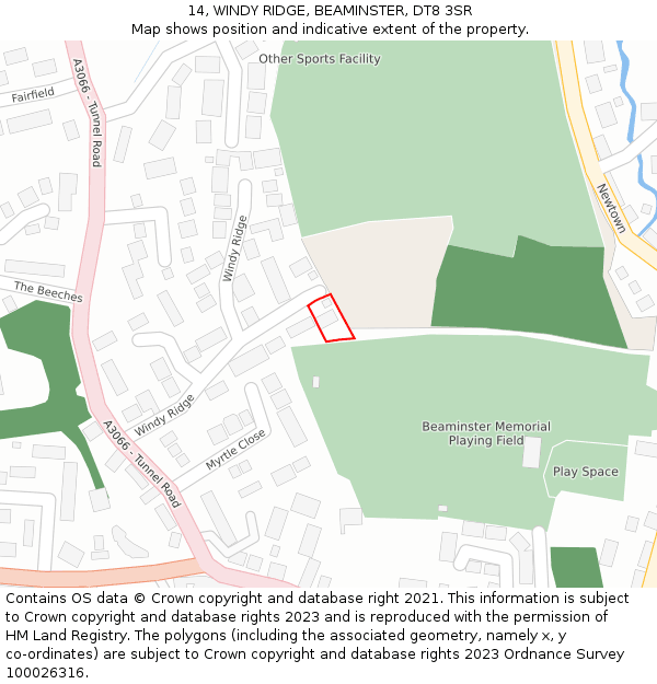 14, WINDY RIDGE, BEAMINSTER, DT8 3SR: Location map and indicative extent of plot