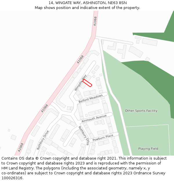 14, WINGATE WAY, ASHINGTON, NE63 8SN: Location map and indicative extent of plot