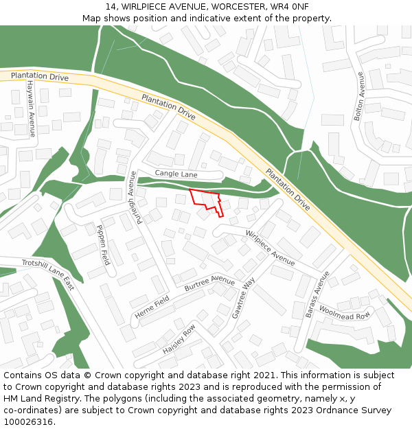 14, WIRLPIECE AVENUE, WORCESTER, WR4 0NF: Location map and indicative extent of plot