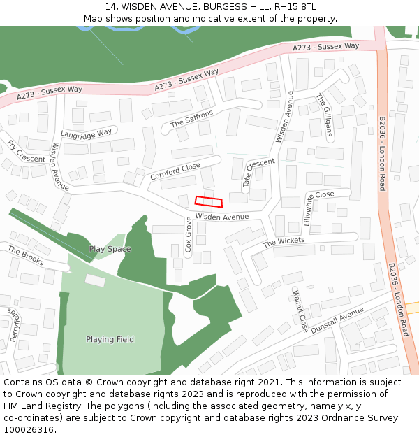 14, WISDEN AVENUE, BURGESS HILL, RH15 8TL: Location map and indicative extent of plot