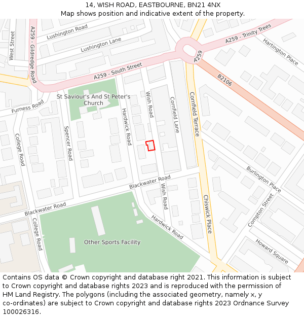 14, WISH ROAD, EASTBOURNE, BN21 4NX: Location map and indicative extent of plot