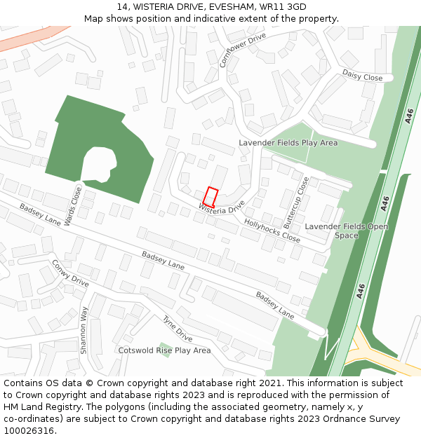 14, WISTERIA DRIVE, EVESHAM, WR11 3GD: Location map and indicative extent of plot