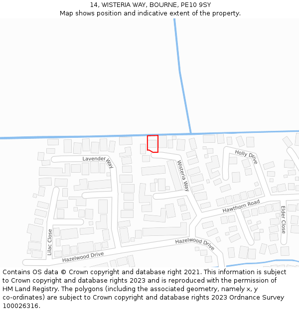 14, WISTERIA WAY, BOURNE, PE10 9SY: Location map and indicative extent of plot