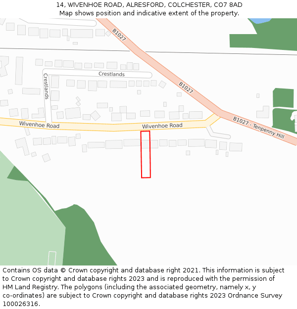 14, WIVENHOE ROAD, ALRESFORD, COLCHESTER, CO7 8AD: Location map and indicative extent of plot