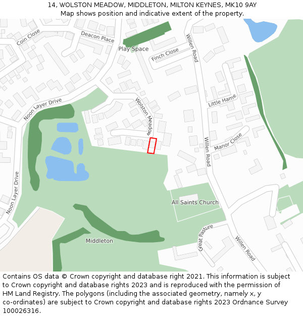 14, WOLSTON MEADOW, MIDDLETON, MILTON KEYNES, MK10 9AY: Location map and indicative extent of plot