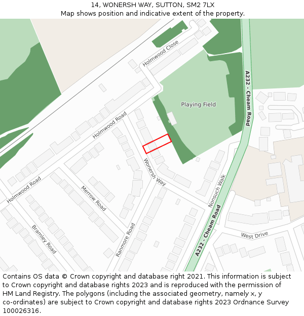 14, WONERSH WAY, SUTTON, SM2 7LX: Location map and indicative extent of plot