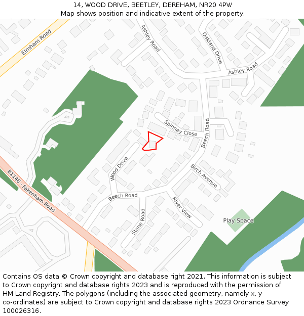 14, WOOD DRIVE, BEETLEY, DEREHAM, NR20 4PW: Location map and indicative extent of plot