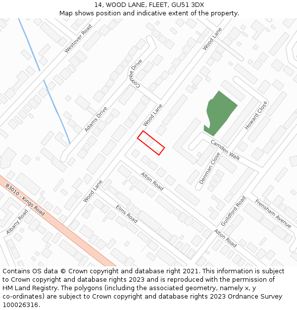 14, WOOD LANE, FLEET, GU51 3DX: Location map and indicative extent of plot