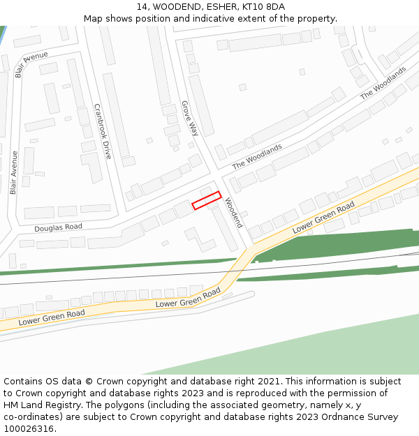 14, WOODEND, ESHER, KT10 8DA: Location map and indicative extent of plot