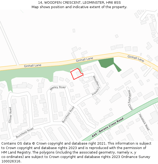 14, WOODFEN CRESCENT, LEOMINSTER, HR6 8SS: Location map and indicative extent of plot