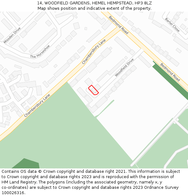 14, WOODFIELD GARDENS, HEMEL HEMPSTEAD, HP3 8LZ: Location map and indicative extent of plot