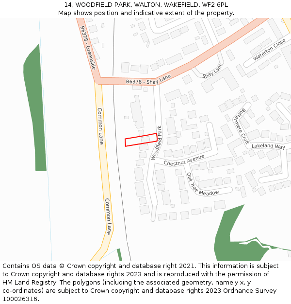 14, WOODFIELD PARK, WALTON, WAKEFIELD, WF2 6PL: Location map and indicative extent of plot