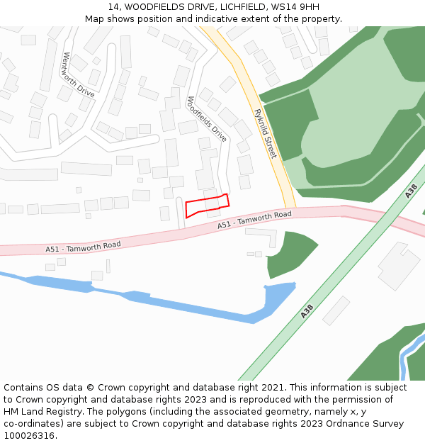 14, WOODFIELDS DRIVE, LICHFIELD, WS14 9HH: Location map and indicative extent of plot