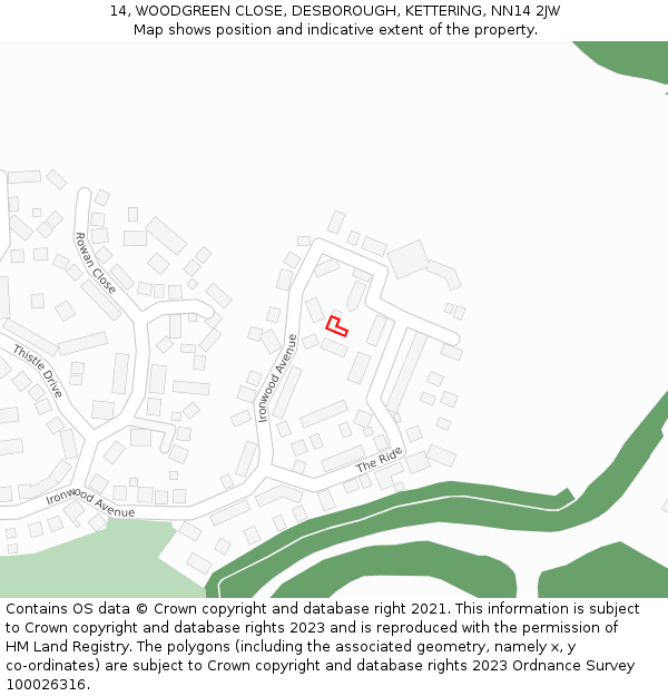 14, WOODGREEN CLOSE, DESBOROUGH, KETTERING, NN14 2JW: Location map and indicative extent of plot