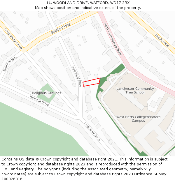 14, WOODLAND DRIVE, WATFORD, WD17 3BX: Location map and indicative extent of plot