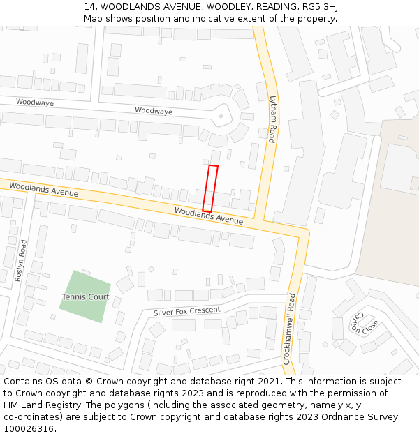 14, WOODLANDS AVENUE, WOODLEY, READING, RG5 3HJ: Location map and indicative extent of plot