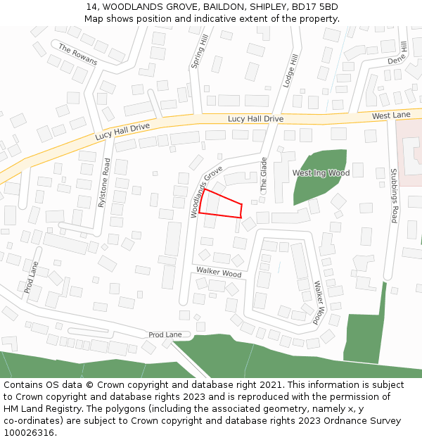 14, WOODLANDS GROVE, BAILDON, SHIPLEY, BD17 5BD: Location map and indicative extent of plot