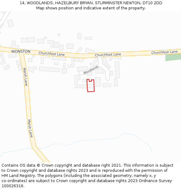 14, WOODLANDS, HAZELBURY BRYAN, STURMINSTER NEWTON, DT10 2DD: Location map and indicative extent of plot