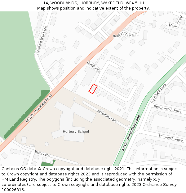 14, WOODLANDS, HORBURY, WAKEFIELD, WF4 5HH: Location map and indicative extent of plot