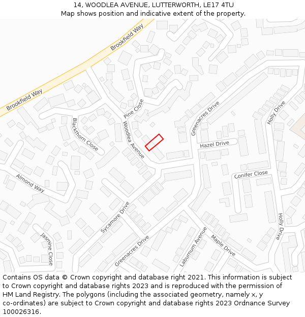 14, WOODLEA AVENUE, LUTTERWORTH, LE17 4TU: Location map and indicative extent of plot