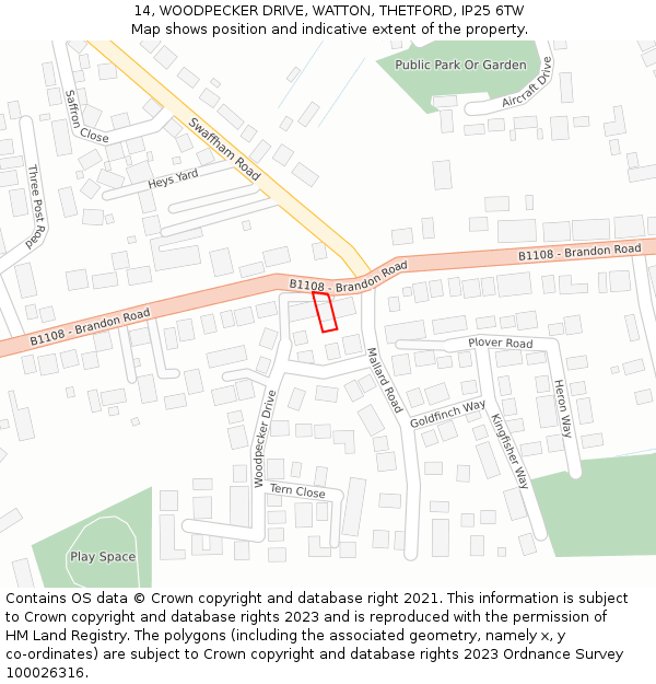 14, WOODPECKER DRIVE, WATTON, THETFORD, IP25 6TW: Location map and indicative extent of plot