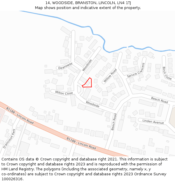 14, WOODSIDE, BRANSTON, LINCOLN, LN4 1TJ: Location map and indicative extent of plot