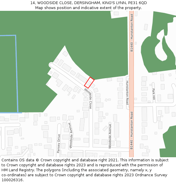 14, WOODSIDE CLOSE, DERSINGHAM, KING'S LYNN, PE31 6QD: Location map and indicative extent of plot