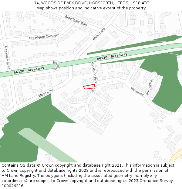 14, WOODSIDE PARK DRIVE, HORSFORTH, LEEDS, LS18 4TG: Location map and indicative extent of plot