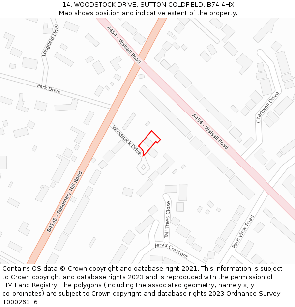 14, WOODSTOCK DRIVE, SUTTON COLDFIELD, B74 4HX: Location map and indicative extent of plot