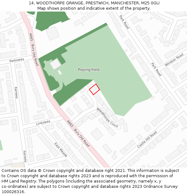 14, WOODTHORPE GRANGE, PRESTWICH, MANCHESTER, M25 0GU: Location map and indicative extent of plot