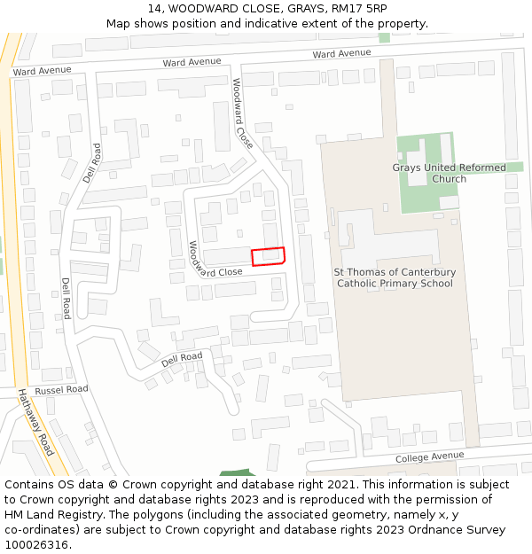 14, WOODWARD CLOSE, GRAYS, RM17 5RP: Location map and indicative extent of plot