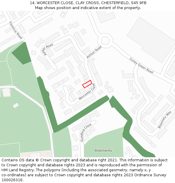 14, WORCESTER CLOSE, CLAY CROSS, CHESTERFIELD, S45 9FB: Location map and indicative extent of plot