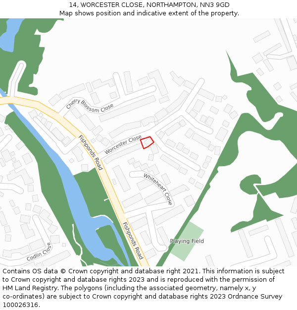 14, WORCESTER CLOSE, NORTHAMPTON, NN3 9GD: Location map and indicative extent of plot