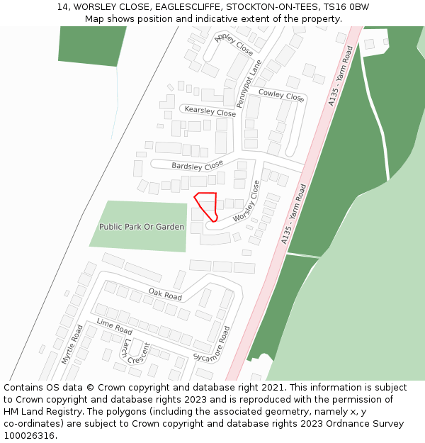 14, WORSLEY CLOSE, EAGLESCLIFFE, STOCKTON-ON-TEES, TS16 0BW: Location map and indicative extent of plot