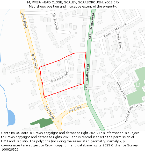 14, WREA HEAD CLOSE, SCALBY, SCARBOROUGH, YO13 0RX: Location map and indicative extent of plot