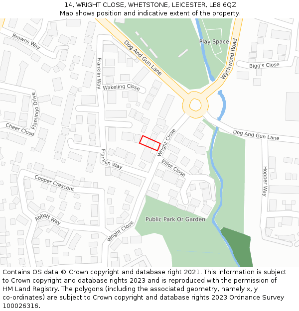 14, WRIGHT CLOSE, WHETSTONE, LEICESTER, LE8 6QZ: Location map and indicative extent of plot