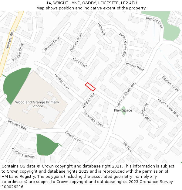 14, WRIGHT LANE, OADBY, LEICESTER, LE2 4TU: Location map and indicative extent of plot