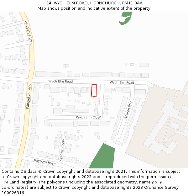 14, WYCH ELM ROAD, HORNCHURCH, RM11 3AA: Location map and indicative extent of plot