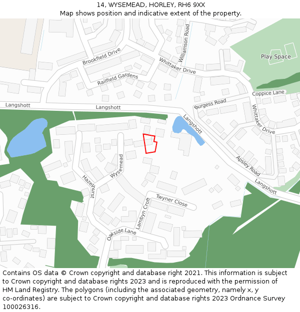 14, WYSEMEAD, HORLEY, RH6 9XX: Location map and indicative extent of plot