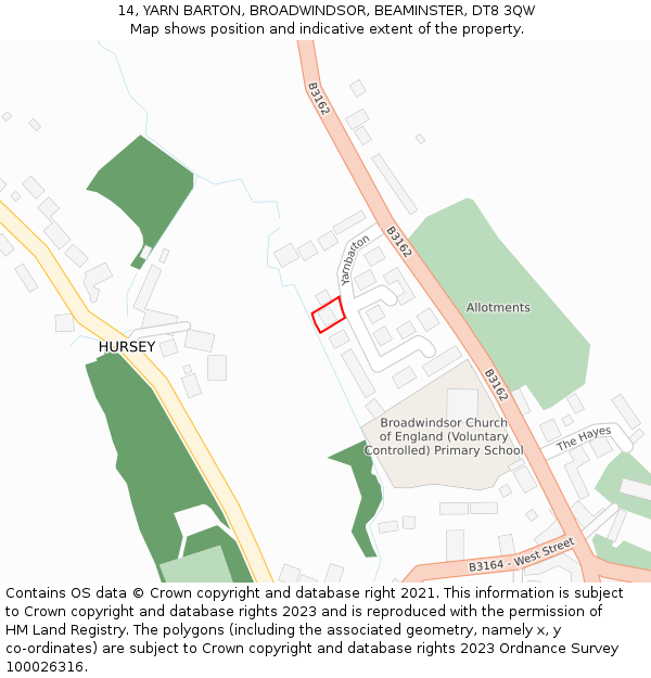 14, YARN BARTON, BROADWINDSOR, BEAMINSTER, DT8 3QW: Location map and indicative extent of plot