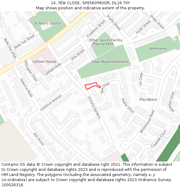 14, YEW CLOSE, SPENNYMOOR, DL16 7XY: Location map and indicative extent of plot