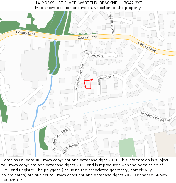 14, YORKSHIRE PLACE, WARFIELD, BRACKNELL, RG42 3XE: Location map and indicative extent of plot