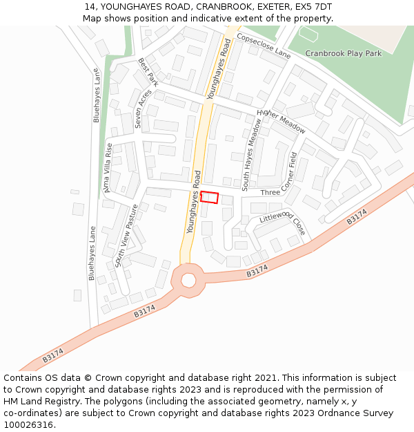 14, YOUNGHAYES ROAD, CRANBROOK, EXETER, EX5 7DT: Location map and indicative extent of plot