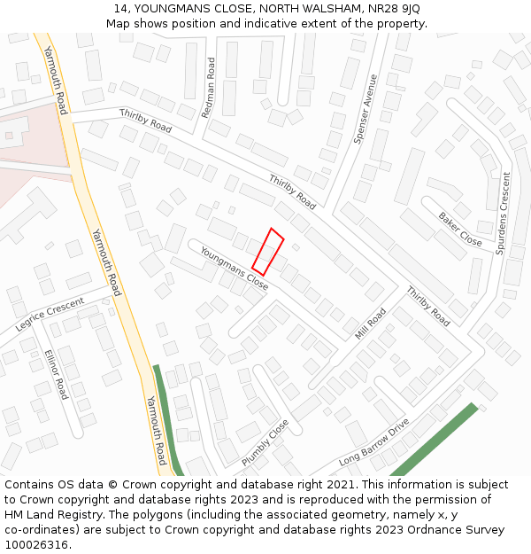 14, YOUNGMANS CLOSE, NORTH WALSHAM, NR28 9JQ: Location map and indicative extent of plot