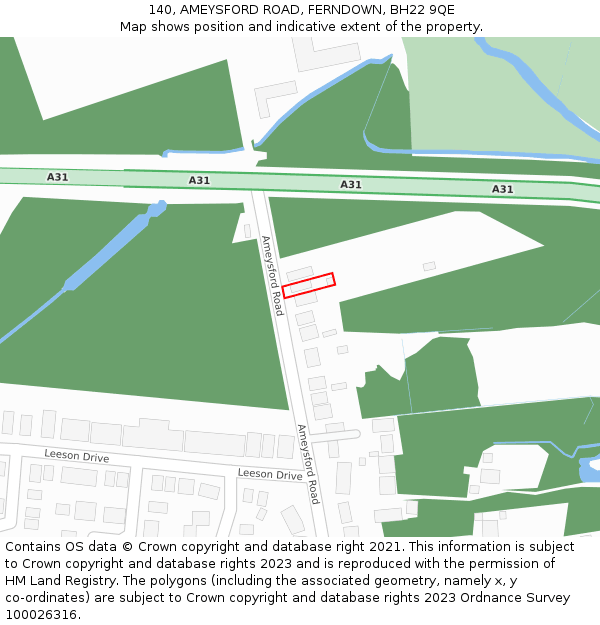 140, AMEYSFORD ROAD, FERNDOWN, BH22 9QE: Location map and indicative extent of plot