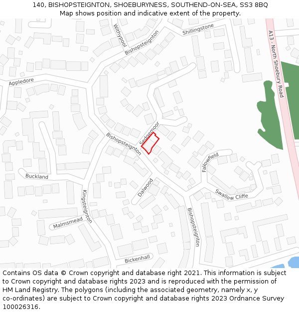 140, BISHOPSTEIGNTON, SHOEBURYNESS, SOUTHEND-ON-SEA, SS3 8BQ: Location map and indicative extent of plot